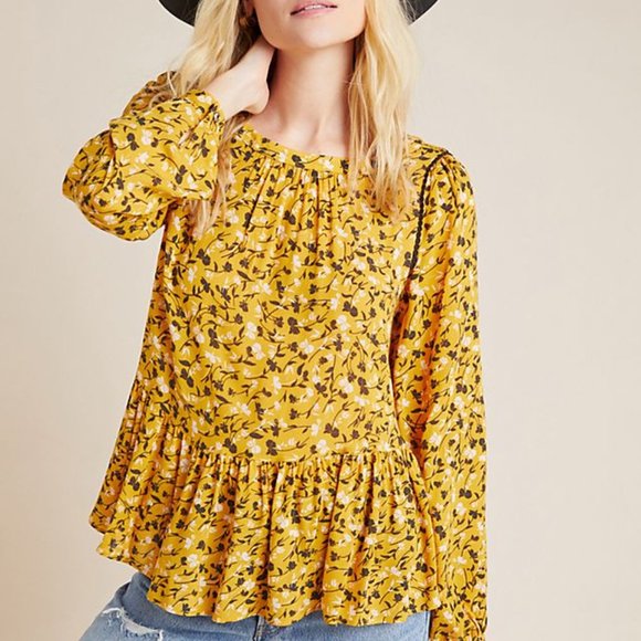 Anthropologie Tops - Anthropologie Maeve Cheyenne Peplum Yellow Floral Boho Blouse Top